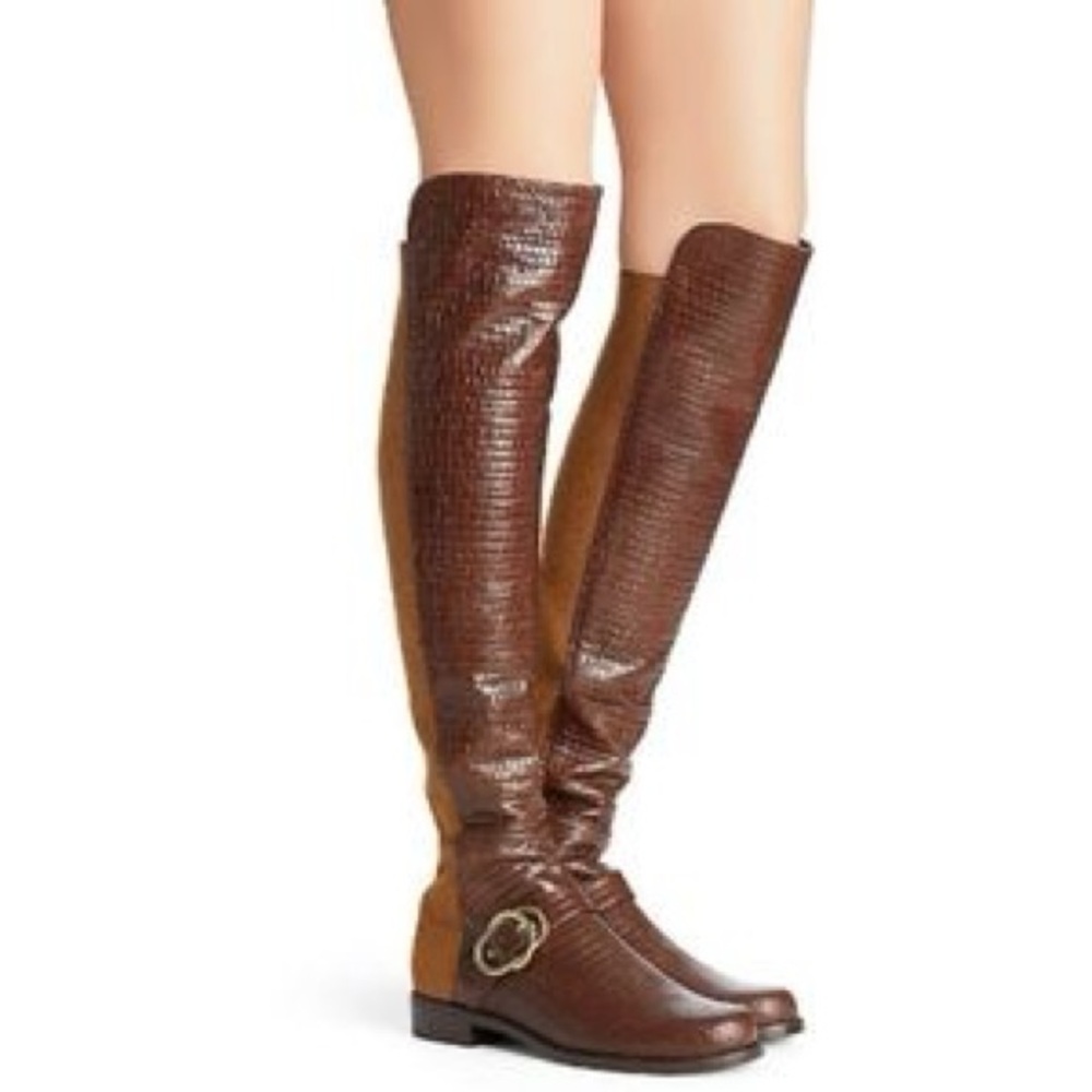 NEW Size 8.5 Stuart Weitzman “Siella” Brown Croc-Embossed Over-the-Knee Boots - Picture 2 of 14